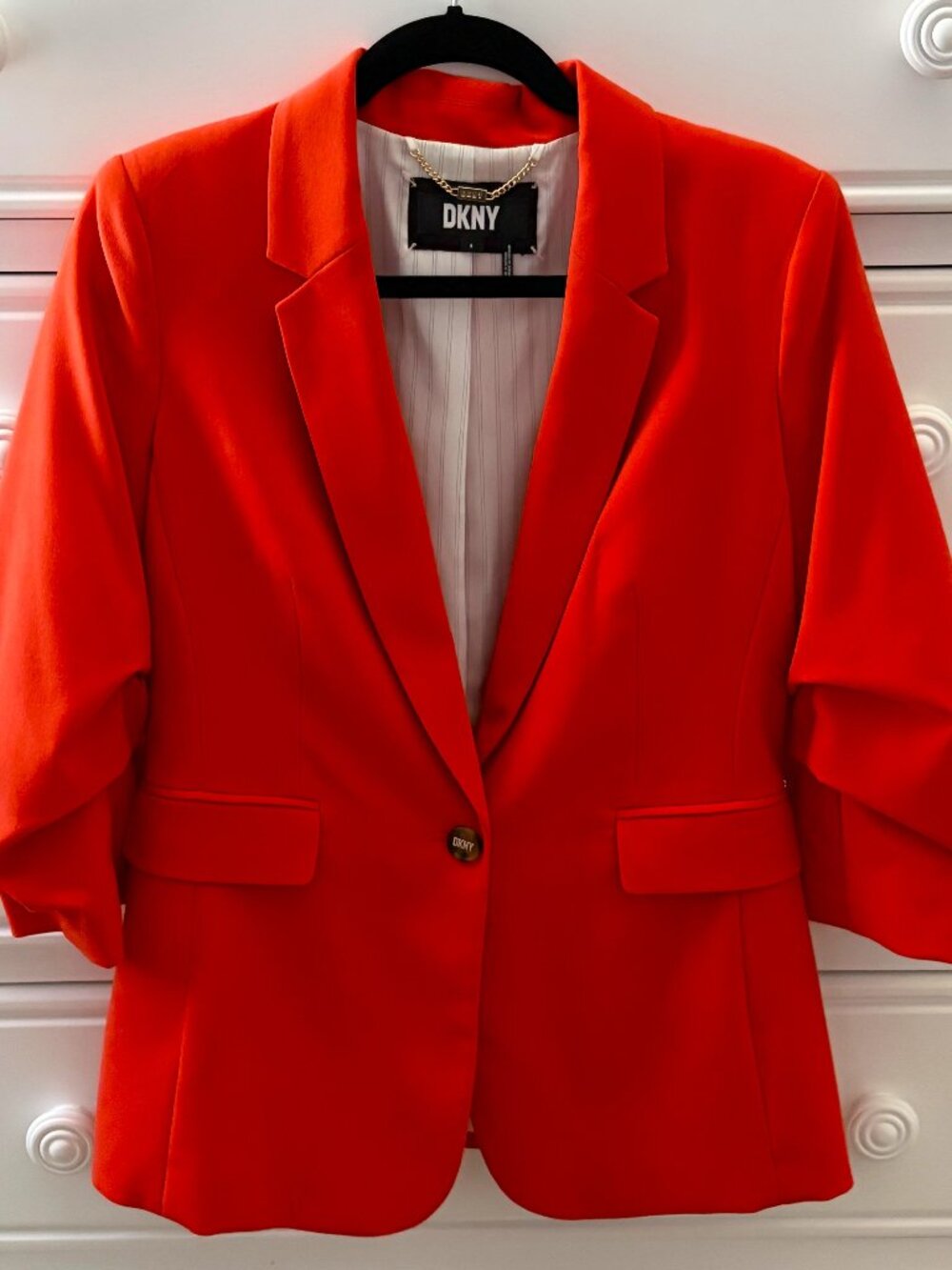 **DKNY Ruched Sleeve Blazer – Size 6 – Vibrant Orange Statement Jacket**